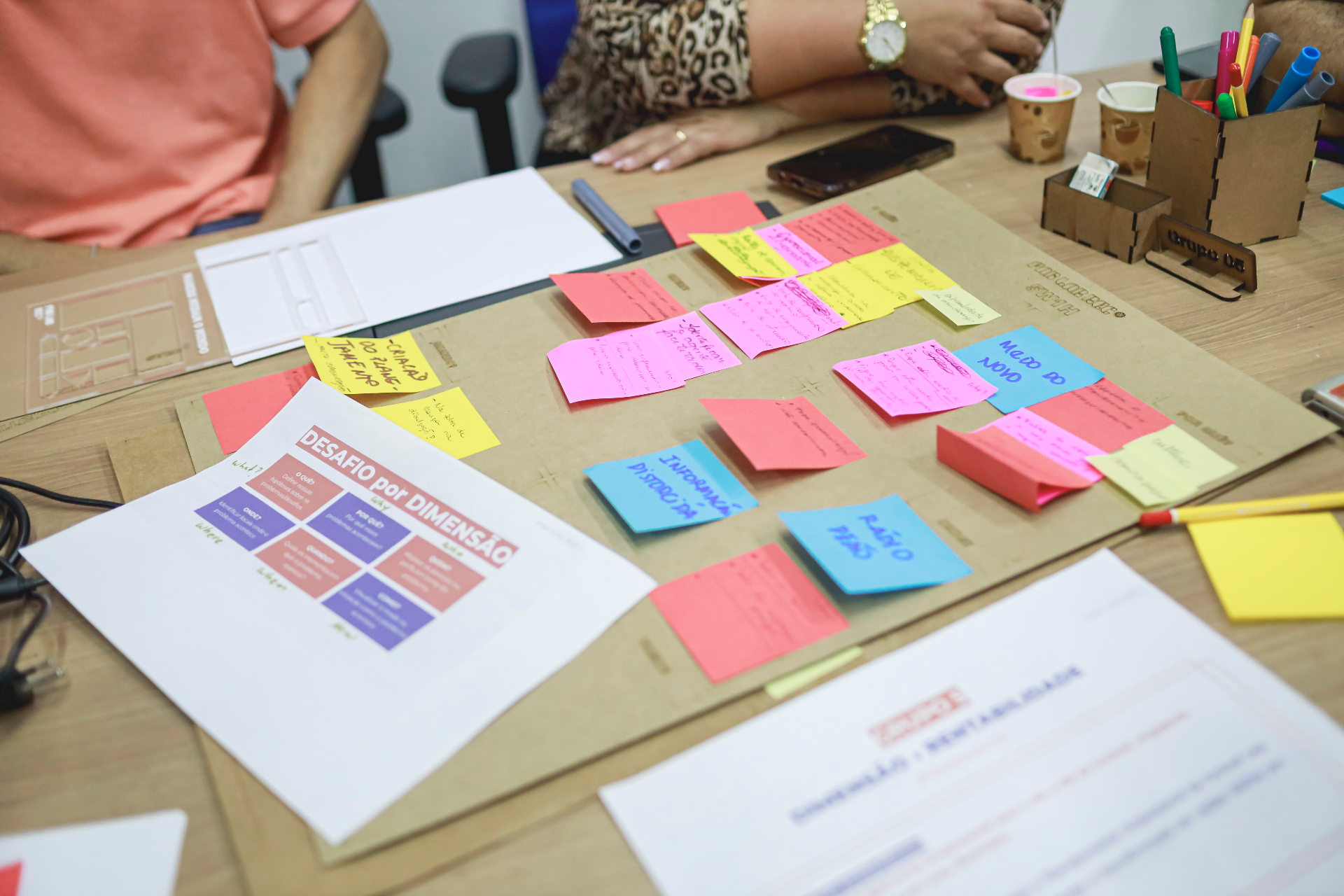 Equipe em mesa de trabalho com canvas, post-its e materiais de desenho de projetos